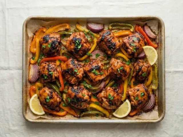 Sheet pan of harissa chicken thighs with peppers and lemon